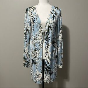 IMNYC Isaac Mizrahi Long Knit Floral Leaf Pattern Blue Cardigan